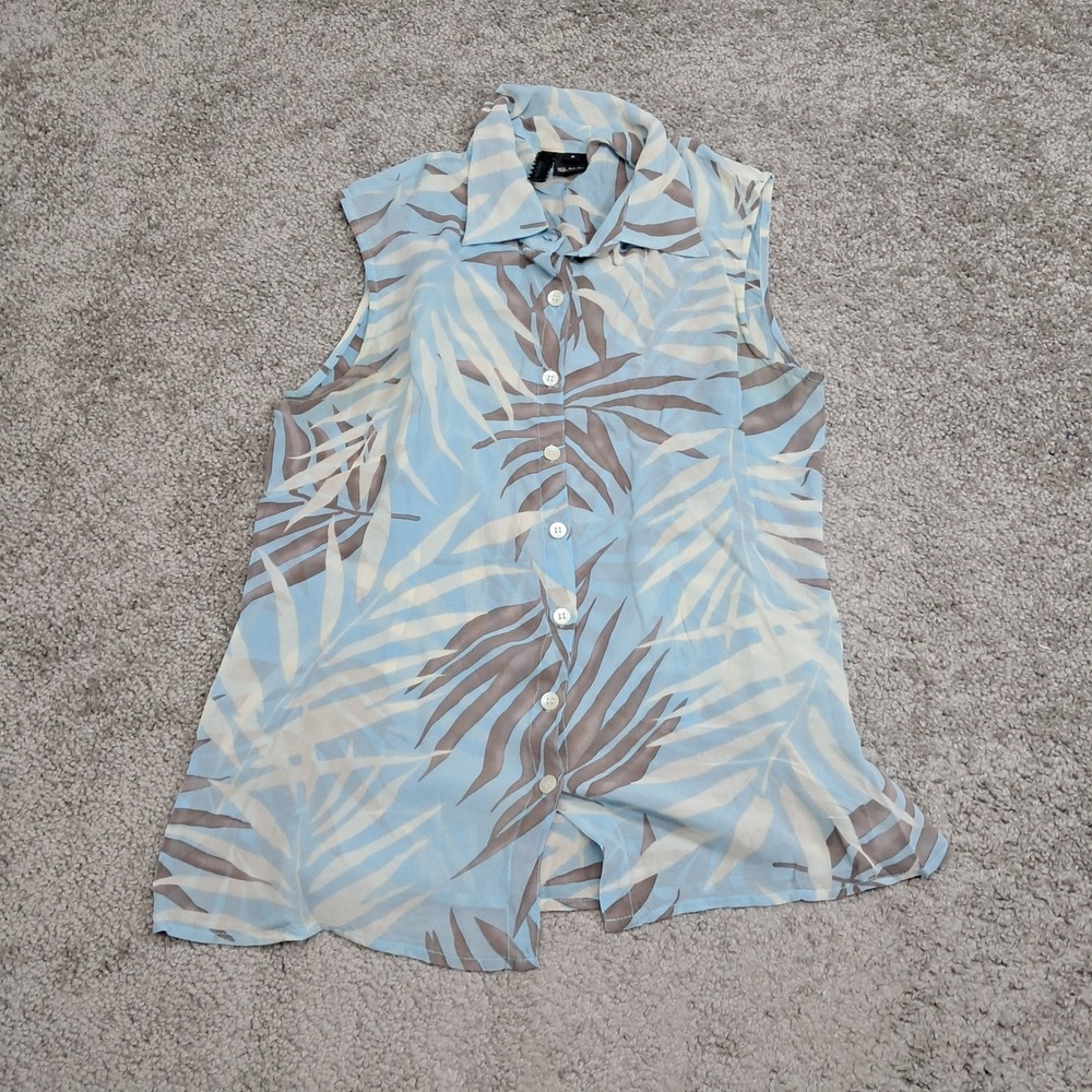 Elie Tahari Blue Silk Tropical Palm Leaf‎ Sleeveless Button Down Blouse Size 6